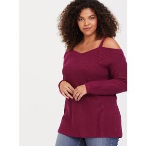 Torrid Plus Size 2X Pullover Cold Shoulder Sweater Burgundy Red V-Neck Cotton